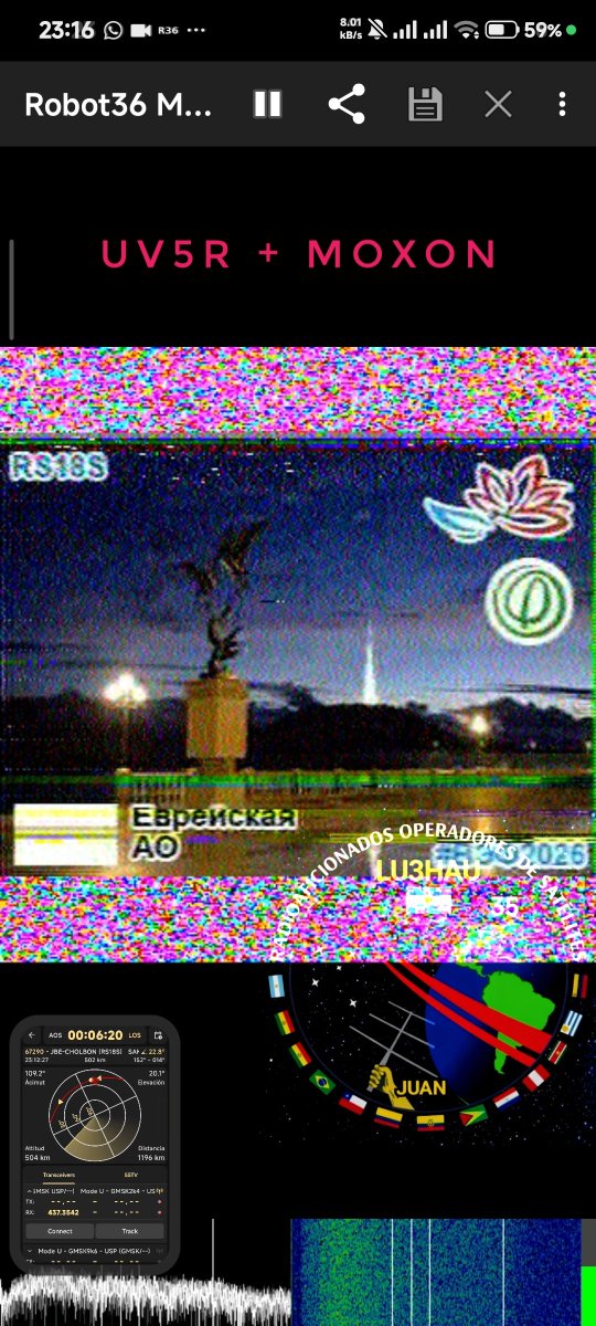 LU3HAU's tweet photo. 🛰️ SAKHACUBE-CHOLBON (RS18S) over 🇦🇷
📶 FX: 437.350 MHz 
📐 Elev max: 23°
📅 2 Sep 2026 02:12 UTC 
📺 Robot36
⚙️ Rx: UV5R • ANT: MOXON
📲  App: Robot36+Look4sat

#SSTV #RS18S #SakhcubeCholbon #MkaCholbon #Robot36 #look4sat #Uv5r #Moxon https://t.co/lyValYA9D9