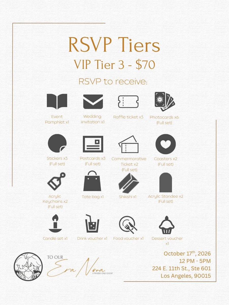 Phaideisocal's tweet photo. With RSVPs opening tomorrow, we wanted to share with you each tier we will have available! RSVP is first come, first serve, with our form going live at 12PM PST tomorrow, September 2nd! Don't miss out on your chance to join us! #phaidei #phainon #ファイモス #mydei #厄敌 https://t.co/qJBqMvevUz