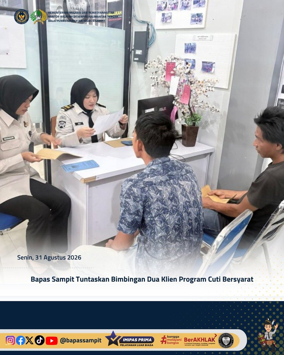 bapas_sampit's tweet photo. Bapas Sampit Tuntaskan Bimbingan Dua Klien Program Cuti Bersyarat

Selengkapnya pada:
https://t.co/O4JnXIAIFF

Humas Bapas Sampit

#kemenimipas
#Ditjenpas
#pemasyarakatan
#penjagadanpanduan
#DitjenpasKalteng
#Hensah
#infomipas https://t.co/0gZ5uIzXMj