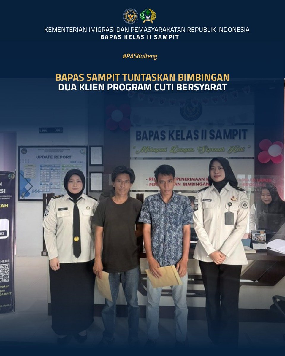bapas_sampit's tweet photo. Bapas Sampit Tuntaskan Bimbingan Dua Klien Program Cuti Bersyarat

Selengkapnya pada:
https://t.co/O4JnXIAIFF

Humas Bapas Sampit

#kemenimipas
#Ditjenpas
#pemasyarakatan
#penjagadanpanduan
#DitjenpasKalteng
#Hensah
#infomipas https://t.co/0gZ5uIzXMj