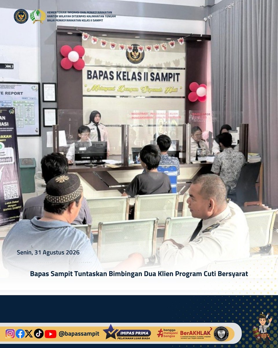 bapas_sampit's tweet photo. Bapas Sampit Tuntaskan Bimbingan Dua Klien Program Cuti Bersyarat

Selengkapnya pada:
https://t.co/O4JnXIAIFF

Humas Bapas Sampit

#kemenimipas
#Ditjenpas
#pemasyarakatan
#penjagadanpanduan
#DitjenpasKalteng
#Hensah
#infomipas https://t.co/0gZ5uIzXMj