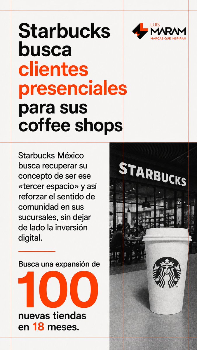 luismaram's tweet photo. ☕ @StarbucksMex busca retomar el «tercer espacio»  con la meta de abrir 💯 tiendas en 18 meses y reforzar la experiencia presencial, sin descuidar lo digital 👥. Back to human? #Starbucks #Marketingdigital https://t.co/GfYtRI70mn https://t.co/nXlaNC77gw