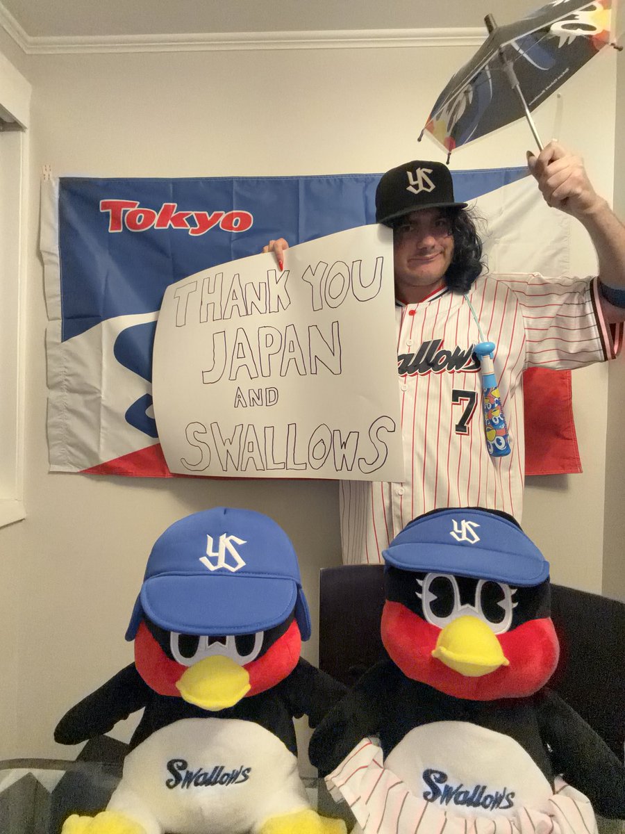 phoenixfiress12's tweet photo. To Swallows Supporters, NPB Supporters, and anyone who happened to watch Youは何しにニッポンへ, all the kind words, feelings, and stories that I have seen here are things that have made me so happy to see. I never would think so many people could relate to an American flying all the way from Denver to Japan to see his favorite baseball team, especially with the opportunity to see Jingu and also to see his favorite mascot in the process. When I stepped out of Narita’s arrival gates, and met the crew, they were so friendly and were very interested in why I came to Japan, I knew the shock would be wild, but the only words that could come out of my mouth were “Tsubakuro”, and from then it was my goal to see him. Though I didn’t achieve my goal of getting to give him a big hug, I still did much, got a ton of merchandise, eat yummy food, be at Jingu, meet so many amazing supporters, and of course see my favorite baseball team and Mascot win a game! It’s a night I will never forget. My love of the Swallows will still be around for a long time, I still drink Yakult everyday, I wear my Swallows hat everyday, I even started collecting NPB cards, it really shows how amazing the Swallows community is, and why I felt connected when I first saw the team play a game. I will be coming back every summer for another day of Swallows Baseball. Right now if you want, I have an account on Instagram that I have if you want to keep up with me and the Swallows called Swallows Gaijin, which I will leave a photo if you want to follow. There is no other way to say it though, I miss the crowds, the team, Tsubami, and Tsubakuro, but I know when I come back they will be ready with open arms, ready to welcome me back to Jingu. Thank you everyone, you guys keep making me smile and tear up. From America: GO GO SWALLOWS 🐧☂️

“Tsubakuro’s Number 1 American Fan”
- Andrew/Phoenix Smith

#Youは何しに日本へ
#つば九郎
#yakultswallows
#swallows