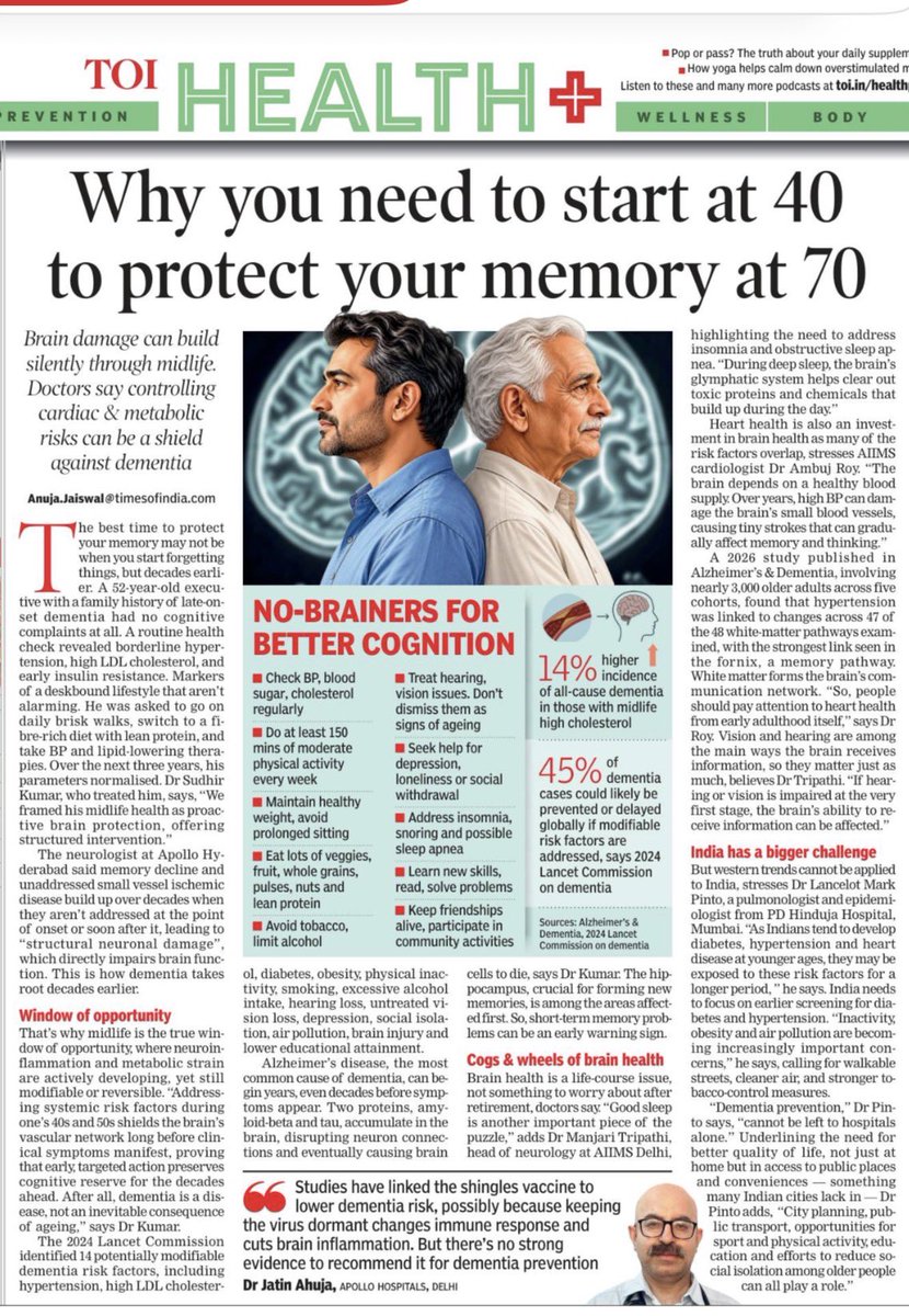 AnujaJaiswalTOI's tweet photo. #Memoryloss at 70 may have a story that begins decades earlier. #Doctors and #researchers say the fight against #dementia may need to begin long before memory problems appear. Your 40s could be a crucial window to protect #brain #health at 70. @timesofindia @TOIHealth_Plus @saikat_81 @hyderabaddoctor @Epilepsy_care @drjatinahuja @aiims_newdelhi @drambujroy