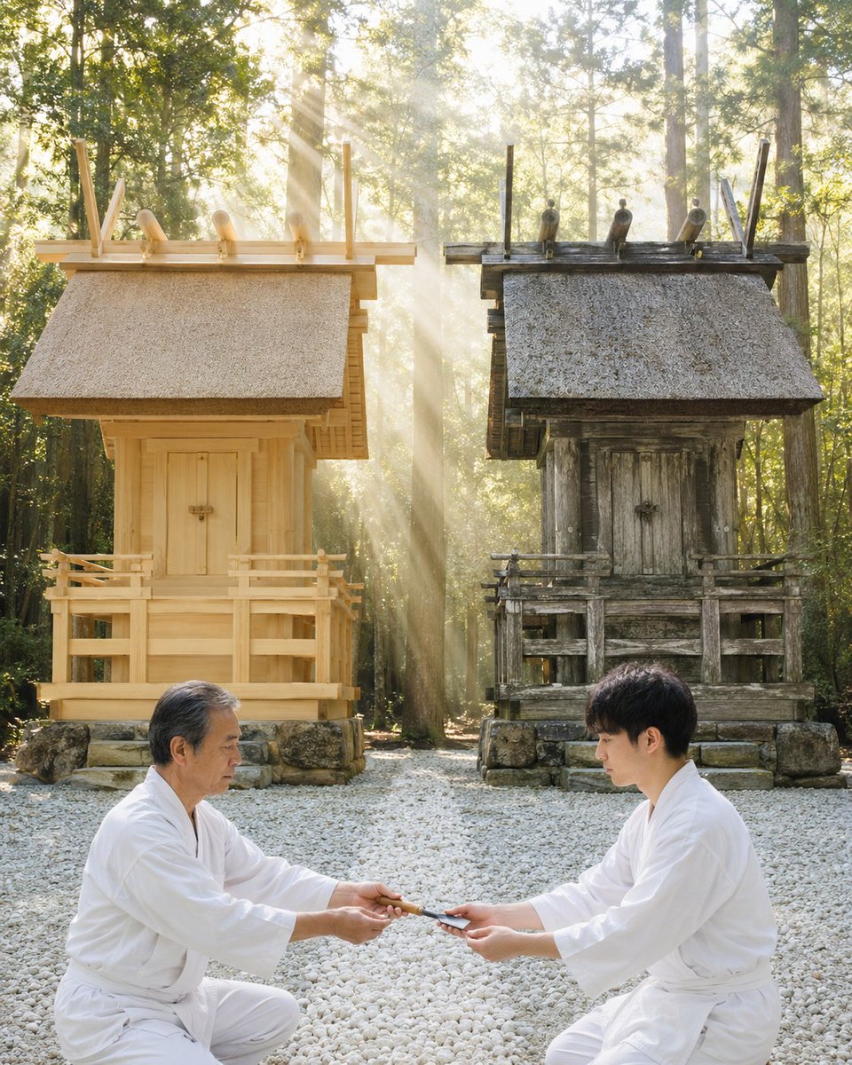 japan_nobunaga's tweet photo. The holiest shrine in Japan is about 13 years old.

It has been roughly that age, give or take,
since the year 690.

Ise Jingu, in Mie, is torn down and rebuilt
on the empty plot next to it every 20 years.
The last time was 2013. The next is 2033.
Sixty-two times so far.

I tried to think of anything else that has happened
sixty-two times in a row since 690,
and gave up somewhere around the Vikings.

Here is the part I keep coming back to.

A carpenter who builds it once will be too old
to build the next one.
So he builds it twice in his life,
once as an apprentice, once as a master,
and then hands the chisels to someone
who has only watched.

The 20 years was never about the building.
Cypress lasts longer than that.
The 20 years is for the people.

The 2033 rebuild needs around 13,000 cypress trees.
In 1923 the shrine planted a forest to grow them,
on a 200-year schedule.
Everyone who planted it is gone.
That forest now supplies about a quarter of the timber,
and a little more each cycle.

The old shrine isn't thrown away, either.
Its timber is cut down and sent to small shrines
across the country, some of them
rebuilding after floods and earthquakes.

Entry is free. It has always been free.

A brand-new building, older than almost anything
still standing in Europe.

I think it's the quietest definition of forever
I've ever come across.