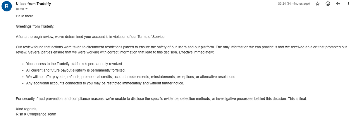 ryanngn0's tweet photo. @Tradeify @BrettSimba 
My Tradeify account was closed today and 4/5 of my payouts were declined, while 1 was still approved and paid, despite all 5 accounts being copy traded together from the start. https://t.co/1Bn2XmmUOH