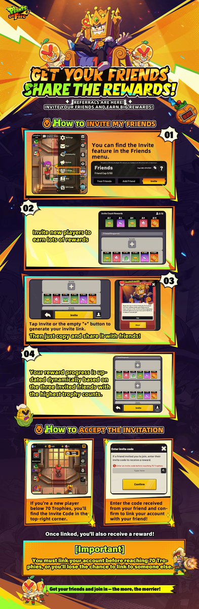 PlayP0F's tweet photo. Invite Friends and Earn Rewards Together!

The Friends system is getting a new Invite Friends feature. Share your personal invite code with friends and invite them to join the game. Once a friend successfully links their account using your code, you'll both be able to earn rewards.

Q: Is the feature limited-time or permanent?
A: The Invite Friends feature is permanent and will not be limited to a specific event period. You can invite new friends to join the game at any time.

Q: How do I invite friends?
A: Once you've unlocked the Friends system, you'll find an Invite option on the Friends page. Just tap it to access the sharing menu, where you can easily share your download link and personal invite code. You can also copy your invite code and send it to friends manually.

Q: How do my friends use my invite code?
A: New players can access the Link Invite Code option after downloading and installing the game and completing the tutorial. Once there, they just need to enter your invite code and confirm. Once they've linked their account to you, they'll receive a reward right away. Invite codes are intended for new players, so only players who have yet to reach 70 Trophies in Ranked Mode can link their account to another player. If they've already been playing for a while, the Link Invite Code option may no longer be available.

Q: What rewards can I earn by inviting friends?
A: There are two types of rewards you can earn: Invite Milestone Rewards and Friend Growth Rewards.
- Invite Milestone Rewards: Each time a new friend uses your invite code to link their account to yours, it counts toward your invite total. Just invite enough friends to reach different milestones and unlock the rewards tied to them.
- Friend Growth Rewards: You'll also earn rewards when the friends you've invited continue playing and earning Trophies. Your reward progress is updated dynamically based on the three invited friends with the highest trophy counts. So the more active your friends are, the more rewards you can earn! Just note that each Friend Growth Reward can only be claimed once.

Q: Can I keep inviting friends after I've claimed all the rewards?
A: Yes! Even after you've claimed all the available rewards, you can keep sharing your invite link with friends. The Invite Friends feature is permanent, so you can recommend the game to friends anytime.

Q: What should I do if the linking fails?
A: First, double-check that you've entered the invite code correctly. If it still doesn't work, ask your friend to confirm the code, or contact customer support for help.