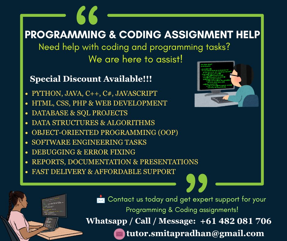 Smita566's tweet photo. Stuck with coding tasks, programming projects, or technical coursework?  From Python, Java, C/C++, JavaScript, SQL, HTML/CSS to programming projects and debugging—we’ve got you covered! 
📞 WhatsApp: +61 482 081 706
📧 Email: tutor.smitapradhan@gmail.com https://t.co/Qxo4VdUN1A