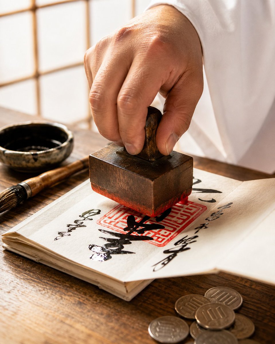 japan_nobunaga's tweet photo. Most people leave Japan with photos.

Some leave with a small folding book
that took twenty monks and priests to fill.

It's called a goshuincho.
At nearly any shrine or temple you can hand it over,
and someone will brush the name of the place,
the date, and a blessing in black ink,
then press a red seal over it.
While you wait. Every one different.
The offering is around $2 to $3.50.

It started as proof.
Centuries ago you had to copy out an entire sutra
by hand and donate it before you got the stamp.
Now the copying is gone, but the seal still means
"this person actually came here."

Some are famous.
At Iwashimizu Hachimangu in Kyoto,
the character for eight is drawn as two doves,
because doves carry messages for that god.
Kinkaku-ji capped one special seal
at 300 a day, one per person.
It runs out.

A few things caught me off guard.
It's cash. Coins, ideally.
A one-person shrine office can't break a big bill.
And you pray first, then hand over the book.
Nobody enforces that. Everyone does it.

I suspect the pages where the brush slipped a little
end up being the ones people love most.
I can't prove that. It's just what people say.

A $3 souvenir, made by hand, in front of you,
by someone whose family may have been doing this
on that exact spot for 500 years.

It isn't a stamp collection.

It's a list of every place you stood still for a minute.
