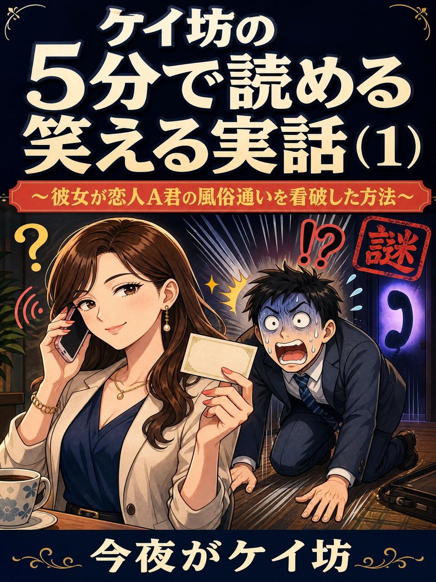 parufe102's tweet photo. 📢表紙を新しくしました

あまり読まれてないですが私自身は大好きな本(笑)

ちょっとした空き時間にスマホで暇つぶしに…笑える実話（��性にとっては恐怖？(笑)）、
購入なさらなくていいので(笑)、Kindle Unlimitedでどうぞ！

「ケイ坊の５分で読める笑える実話（１） ～彼女が恋人A君の風俗通いを看破した方法～」 https://t.co/OFtaOo45xe