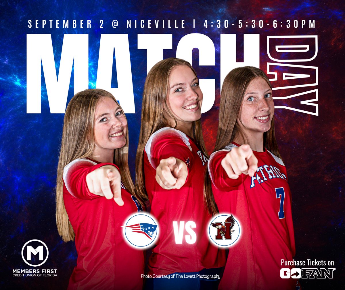 patriots_vball's tweet photo. 🏐 On the road again!

Our #LadyPatriots face the Niceville Eagles on Sept. 2.
⏰ Freshman 4:30 | JV 5:30 | Varsity 6:30
🎟️ Tickets available on GoFan

👍 Like | 🔄 Share | 💬 Wish our girls good luck!

#PacePatriotsVolleyball #PacePatriotPride https://t.co/ahL5X7ZbBR