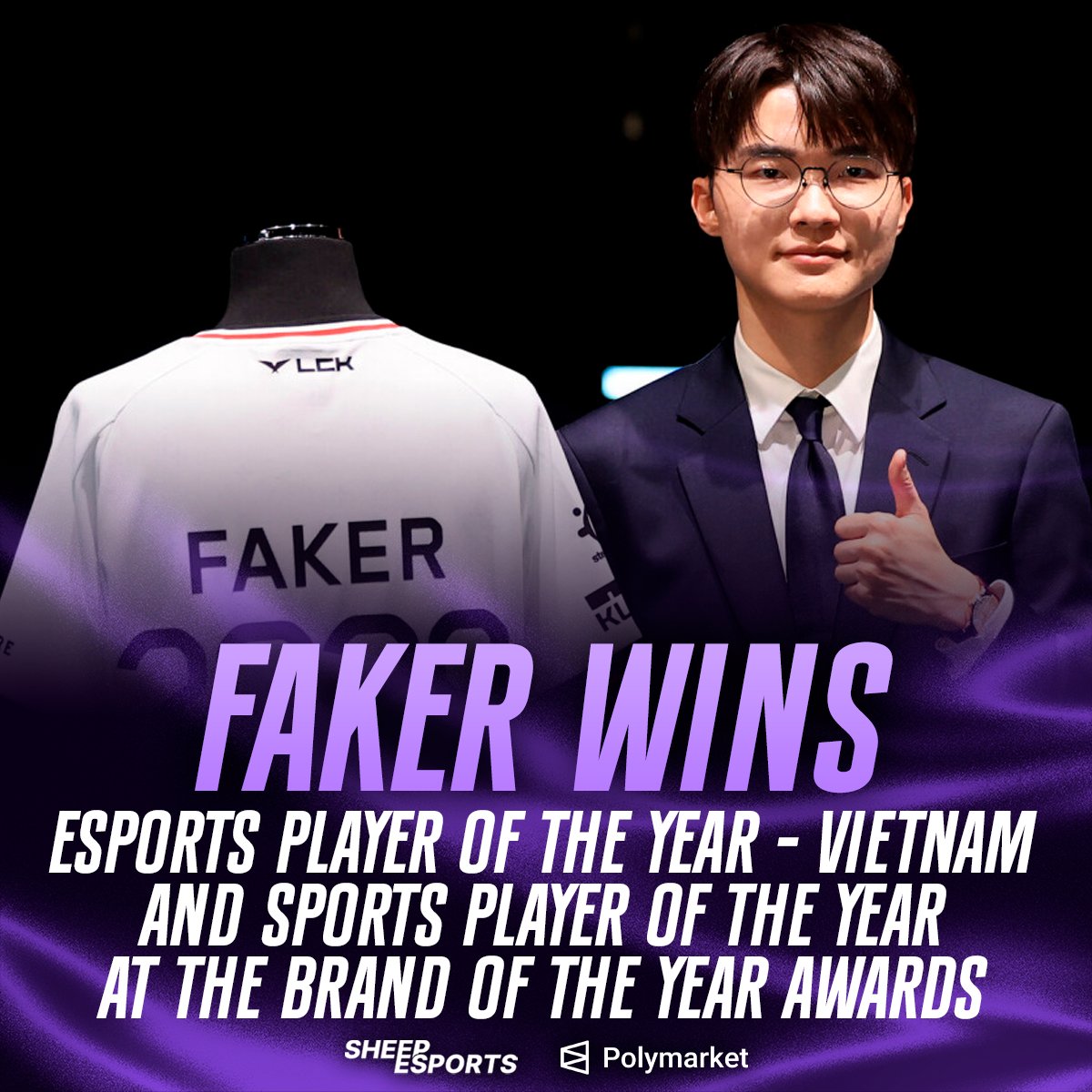 Sheep_Esports's tweet photo. [OFFICIAL] Faker 🇰🇷 has been named Sports Player of the Year and Vietnam's Esports Player of the Year for the second consecutive year at the 2026 Brand of the Year Awards.

The awards were run by the Korean Consumer Forum and decided by over 3.2 million voters https://t.co/RFQU1kzKfI