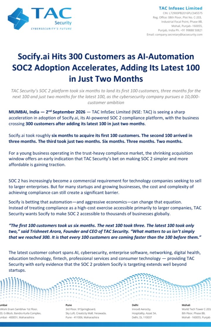 LifeUpgradeLabX's tweet photo. Tac infosec 

TAC Security’s https://t.co/dcgV1QaIyP reached 300 customers, adding the latest 100 in just two months, accelerating from six and three months for prior 100-customer milestones. Targeting 10,000 clients by 2030
#tac
#tacinfo
#tacinfosec
#stockmarket
#india https://t.co/YnUJrDGONL