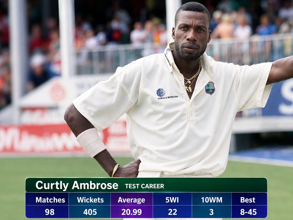 atsillypoint's tweet photo. His mother rang a bell outside the house every time he took a Test wicket. She rang it 405 times. Halfway up the pavilion steps at The Oval, Curtly Ambrose removed his famous white armbands, knowing his legs would never have to pound in again. He was the fifth bowler in history to reach 400 Test wickets, and he had only picked up the game at 21, because his mother made him. Four years later he was destroying Test teams. On this day in 2000, his final Test began, ending one of the great eras of domination, and the story behind it is one for the history books.

Because he was never supposed to be a cricketer at all. Ambrose grew up in the village of Swetes in Antigua preferring basketball, and only started playing club cricket in 1984, at 21, largely because his mother Hellie pushed him into it. Within four years he was playing for the West Indies, and in his debut year of 1988 he took 49 wickets alongside Malcolm Marshall and Courtney Walsh. And this is the part that sounds almost too good to be true: every single time Curtly took a Test wicket, anywhere in the world, Hellie would run out of the house in Swetes and ring a bell. Day or night. (That bell rang 405 times.)

How about the career? Firstly, let us throw one myth out. Cricket lore files Ambrose away as a beneficiary of fast, bouncy West Indian and Australian tracks, one more name in the general 1980s and 90s era of pace dominance. But the great Ambrose spells were not accumulation, they were demolition. At the WACA on 30 January 1993, he took 7 for 1 from 32 balls and Australia went from 85 for 2 to 119 all out. Now the freakish part is that he did it again the following year in completely different conditions: Port of Spain, March 1994, second innings, 6 for 24, England all out for 46. Two of the most famous collapses in modern Test history, both engineered by the same man in the same way, without a single wasted delivery.

And Ambrose was skilful as hell, though the skill was never the flashy kind. At 6 foot 7 he was getting bounce from a length nobody else could, but the real weapon was that he simply never gave you anything: a career economy rate that rarely broke 2.5 an over, the same seam position ball after ball, hour after hour, until a Test batsman played a shot he knew he should not have played. He did not beat people. He starved them.

Then the manner of the going, which was entirely in character. He announced at the start of that 2000 summer, with no histrionics, that the England series would be his last, and then said almost nothing else about it, giving exactly one interview, to his old friend Michael Holding, which finally ruined the line that Curtly talks to no one. When he walked out to bat in his final innings at The Oval, the England team lined up and applauded him all the way to the wicket. He and Courtney Walsh left the field arm in arm, and as Mike Atherton wrote in the Guardian, one sensed close to tears, before Ambrose removed those white armbands halfway up the pavilion steps.

A career average of 20.99 across 405 wickets in 98 Tests, built on an economy rate that rarely broke 2.5 an over, from a man who had never wanted to play the sport in the first place.

Thank you, Curtly. Nobody has been that quiet and that frightening since.