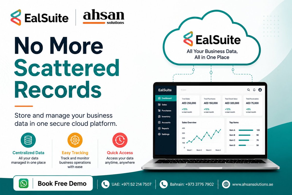 AhsanSolutions's tweet photo. No more scattered business records. 📂
Bring your data together with EalSuite.
✓ Centralized Data
✓ Easy Tracking
✓ Quick Access
✓ Secure Cloud Platform
📅 Book your FREE demo
📞 +971 52 214 7507
#EalSuite #CloudERP #BusinessSoftware #UAE https://t.co/CJVA2E2yvj