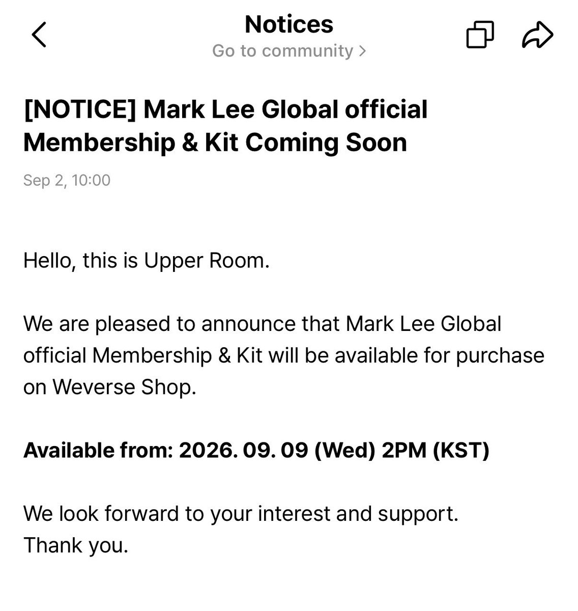 ice_inno's tweet photo. สวัสดีค่ะ จาก Upper Room

พวกเรามีความยินดีที่จะประกาศว่า Official Membership &amp; Kit ของ MARK LEE GLOBAL จะเปิดให้สั่งซื้อทาง Weverse Shop 

เริ่มจำหน่าย: วันพุธที่ 9 กันยายน 2026 เวลา 14:00 น. (เกาหลี) / 12:00 น. (ไทย)

กรี้ดดดด ม้าคจะมีเมมเบอร์ชิพแล้ว!!! molo con มาแน่!!! https://t.co/oKhPQDWg31