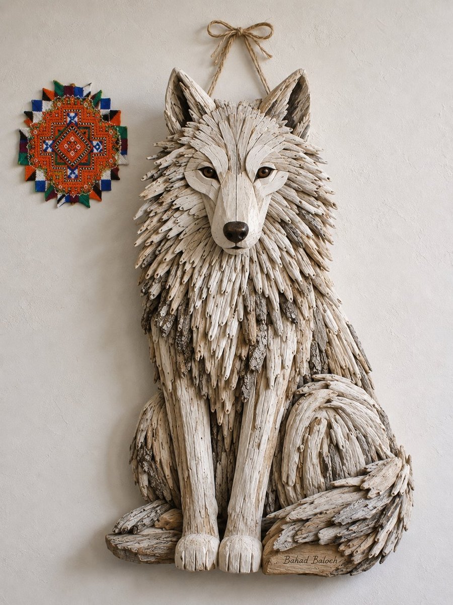 mirbahad1981's tweet photo. {
  "prompt_title": "Driftwood Portrait Wall Art with Balochi Decor",
  "task": "Create a realistic rustic-bohemian interior wall display using the uploaded man’s portrait instead of the rabbit.",
  "portrait": {
    "reference": "Preserve the uploaded man's exact face, hairstyle, expression, black suit, white shirt, and three-quarter profile.",
    "style": "Elegant black-and-white artistic portrait with the lower body softly fading into long vertical charcoal/ink streaks.",
    "scale": "Make the portrait moderately small, leaving generous negative space around it."
  },
  "frame": {
    "style": "Handmade rustic frame built from real pale driftwood branches and natural twigs",
    "mounting": "Suspended from the wall with natural jute rope and a small bow."
  },
  "balochi_decor": {
    "reference": "Use the supplied Balochi embroidery design faithfully.",
    "placement": "Hang separately beside the portrait.",
    "scale": "Small complementary accent.",
    "colors": "Deep red, orange, royal blue, green, black and white."
  },
  "interior": "Warm ivory textured wall, rustic wooden console, terracotta pottery, indoor plants, woven rug and natural wood furniture.",
  "lighting": "Soft warm side daylight with realistic shadows and handcrafted texture.",
  "style": "Ultra-photorealistic high-end interior and artisan wall-art photography.",
  "negative_prompt": "large portrait, altered face, cartoon, generic embroidery, plastic frame, CGI look, cluttered wall"
}