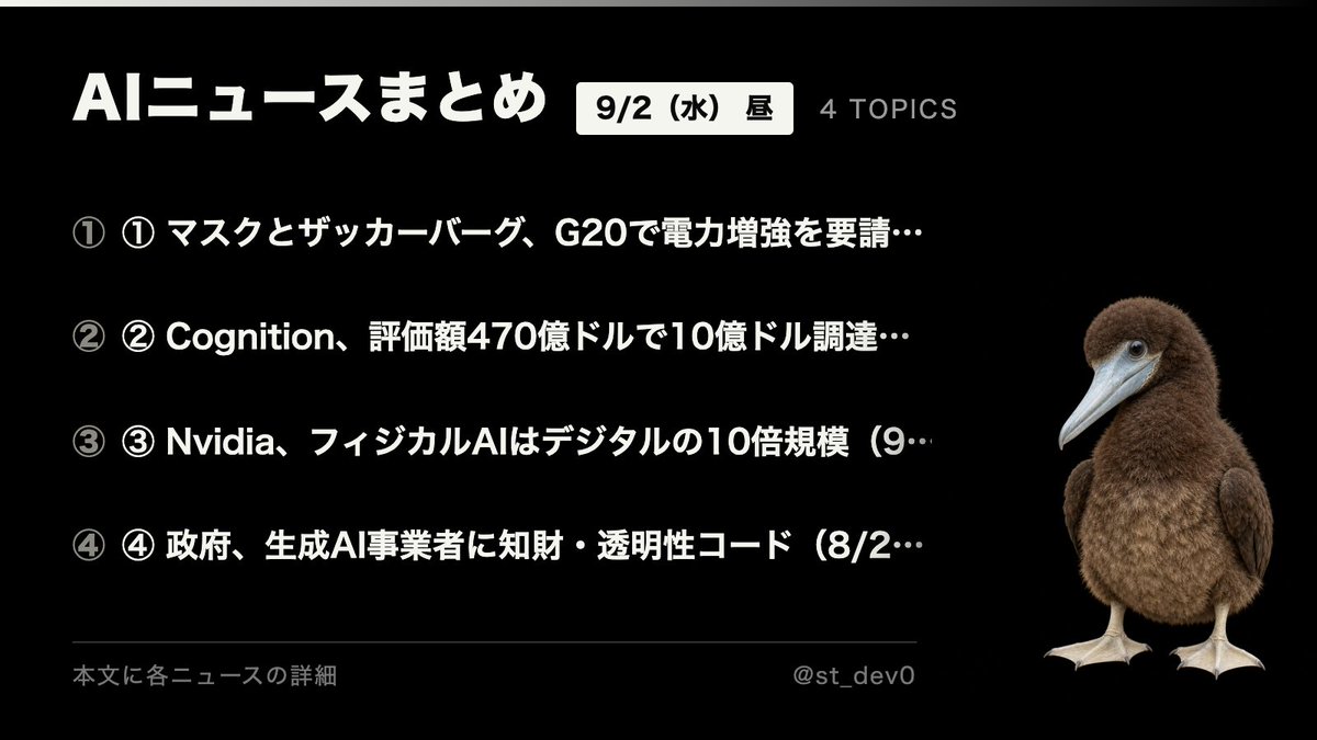 st_dev0's tweet photo. AIニュースまとめ｜9/2（水）昼

① マスクとザッカーバーグ、G20で電力増強を要請（9/1）
② Cognition、評価額470億ドルで10億ドル調達へ（9/2）
③ Nvidia、フィジカルAIはデジタルの10倍規模（9/1）
④ 政府、生成AI事業者に知財・透明性コード（8/25）

各ニュースの詳細はこの下に。

────────────────
① マスクとザッカーバーグ、G20で電力増強を要請（9/1）

イーロン・マスク氏とマーク・ザッカーバーグ氏が9/1、米ノースカロライナ州で開かれたG20の技術相会合にオンラインで登壇し、AIデータセンターとその電力の増強を訴えました。マスク氏は2027年に少なくとも15ギガワットの電力不足が生じるとの見方を示し、自社では発電設備も並行して建設中だと説明。

ザッカーバーグ氏は、建設を担う熟練技能職が「数十万、おそらく数百万人」規模で足りないと述べました。マスク氏は欧州型の規制が革新を阻むとして規制の抑制も要求。一方、米国では電気代の上昇や騒音を理由にデータセンター建設へ反対する世論が過半を占めます。Xでも電力コストと規制の是非をめぐる議論が活発です。

────────────────
② Cognition、評価額470億ドルで10億ドル調達へ（9/2）

AIコーディング企業のCognitionが、評価額およそ470億ドルで10億ドル規模の資金調達をまとめる見通しだとブルームバーグが9/2に報じました。投資家からの申し込みは100億ドル近くに達したとされ、最終的な調達額はさらに膨らむ可能性があります。

同社はAIソフトウェアエンジニア「Devin」で知られ、年換算売上高は9億ドル超。5月末時点の4億9,200万ドルから3か月ほどで倍近くに伸びた計算です。5月の調達時の評価額は投資後で260億ドルでした。

────────────────
③ Nvidia、フィジカルAIはデジタルの10倍規模（9/1）

Nvidiaのジェンスン・ファンCEOが、ロボットや自動運転などの「フィジカルAI」市場はいずれデジタルAIの10倍規模に達するとの見通しを示しました。同社のフィジカルAI関連売上は現在で年間およそ100億ドル、これが今後10年で1,000億ドルに届くという読みです。

橋渡しになるのが写実的な動画生成だと同氏は説明します。物が動き、落ち、壊れる様子を高い精度で再現できれば、現実の何百万倍の速さでロボットを訓練できるという理屈。GPUの主戦場を現実世界へ広げる構え。

────────────────
④ 政府、生成AI事業者に知財・透明性コード（8/25）

政府の知的財産戦略本部が8/25、「生成AIの適切な利活用等に向けた知的財産の保護及び透明性に関するプリンシプル・コード」を公表しました。対象は生成AIを公衆に提供する開発者・提供者で、日本向けにサービスを提供する海外事業者も含まれます。

法的拘束力はなく、実施が難しい場合は理由を説明する「コンプライ・オア・エクスプレイン」方式。営業秘密や安全性に関わる機微情報の強制開示までは求めない一方で、学習データの種類や収集方法をどこまで開示するかが実務上の焦点になります。
