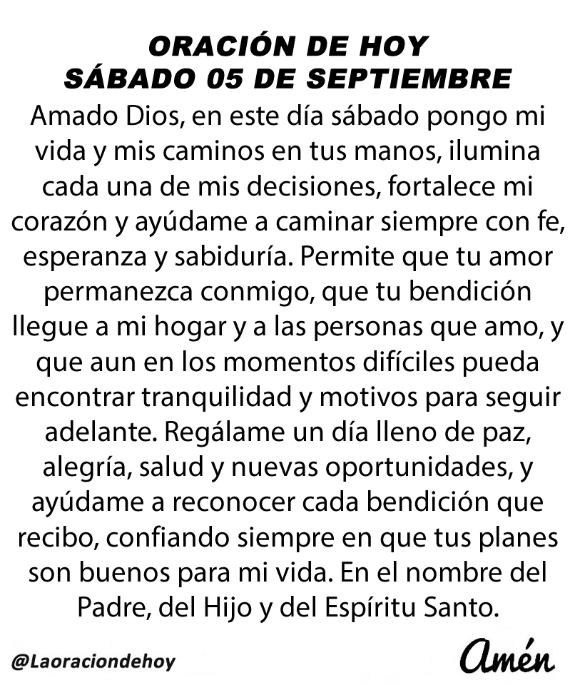 laoraciondehoy's tweet photo. Oración diaria para hoy sábado 05 de septiembre de 2026. https://t.co/jis7vkYlv0