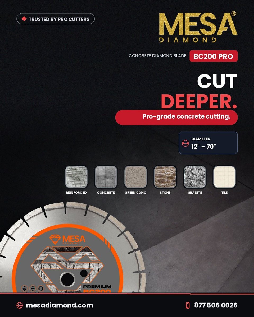 mesadiamondusa's tweet photo. Built for concrete, built to last. The MESA BC200 PRO blade powers through cured and reinforced concrete with aggressive speed and a clean edge. 877 506 0026

#diamondblade #concretecutting #reinforcedconcrete #construction #mesadiamond https://t.co/uROLUHcdYo