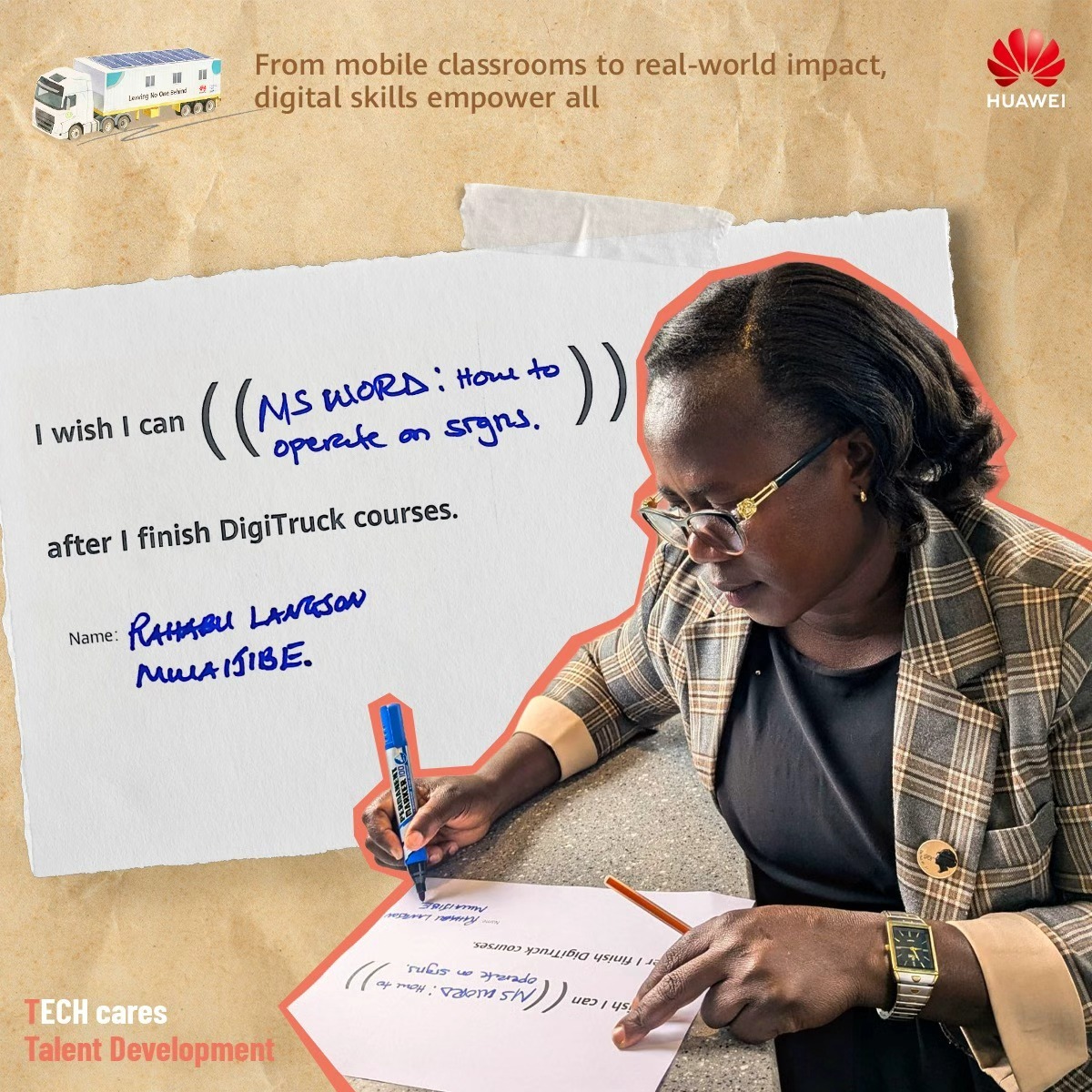 Huawei's tweet photo. Across Tanzania, the DigiTruck is turning everyday ambitions into real possibilities. Traveling over 8,000 km, it has reached 23 schools and nearly 5,000 learners, bringing digital skills directly to communities and opening doors to new opportunities and brighter futures.