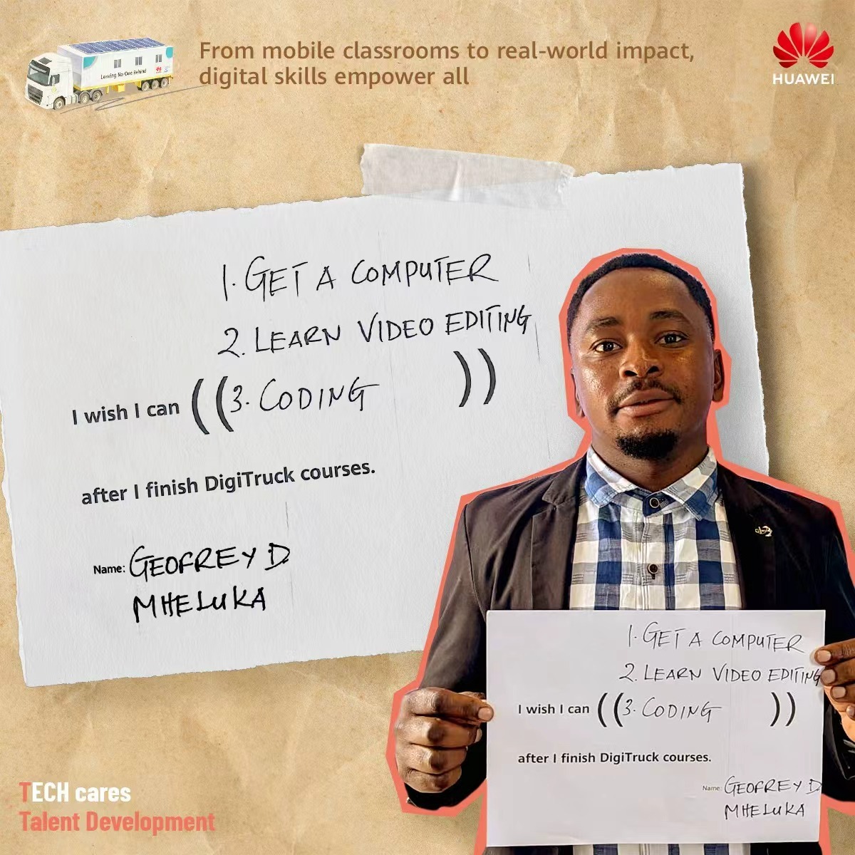 Huawei's tweet photo. Across Tanzania, the DigiTruck is turning everyday ambitions into real possibilities. Traveling over 8,000 km, it has reached 23 schools and nearly 5,000 learners, bringing digital skills directly to communities and opening doors to new opportunities and brighter futures.