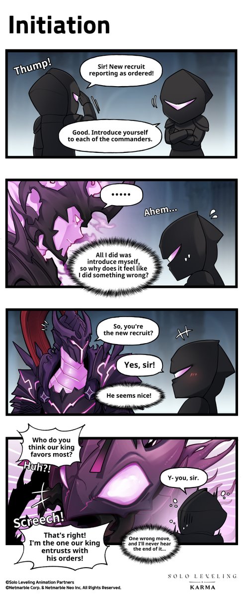 Sololv_KARMA's tweet photo. Moments in Between! | Ep. 6

「Initiation」

Three greeting styles of the Shadow Army Commanders for a new soldier!

A far from easy trial that has the new guy sweating bullets!
Who receives the Monarch’s greatest favor?! 🐜🔥

Art. 🎨웨히히ウェヒヒ(@1228cjrb)

※ This comic is not a webtoon spin-off and contains details that differ from the main KARMA storyline.

#SoloLeveling_KARMA #SoloLeveling #KarmaToon