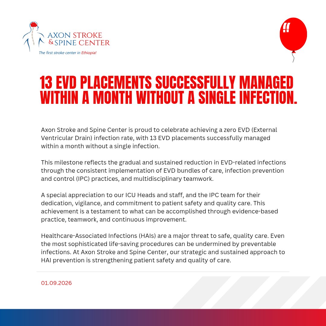 axon_stroke's tweet photo. 🎉 Celebrating Zero #EVD_Infections!

13 EVD placements. 1 month. 0 infections. 

A result of consistent #EVD care bundles, #IPC practices, and outstanding multidisciplinary teamwork.

👏 Proud of our ICU &amp; IPC teams for putting #PatientSafety first!

#AxonStrokeAndSpineCenter https://t.co/EC8II7d0yc