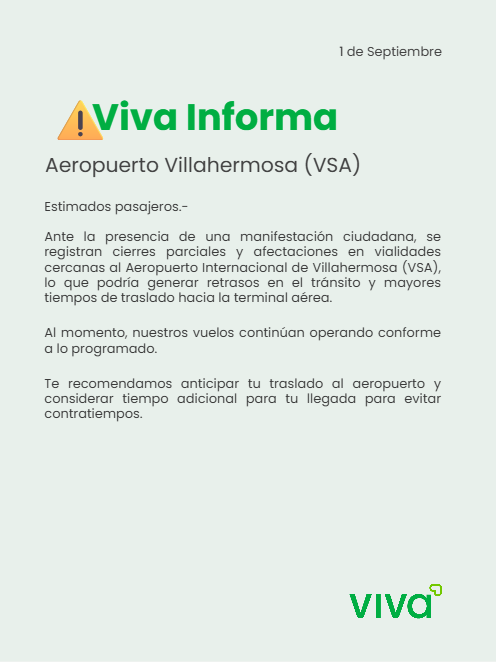 VivaTeEscucha's tweet photo. #VivaInforma #AeropuertoVillahermosa #VSA🚫🚧⚠️

Entérate en tiempo real del estatus de tu vuelo dando clic aquí 👉https://t.co/XYD0VXN859

Consulta información adicional desde el siguiente enlace 👉 https://t.co/LyVJPgfafH https://t.co/NG8GJ8tWPy