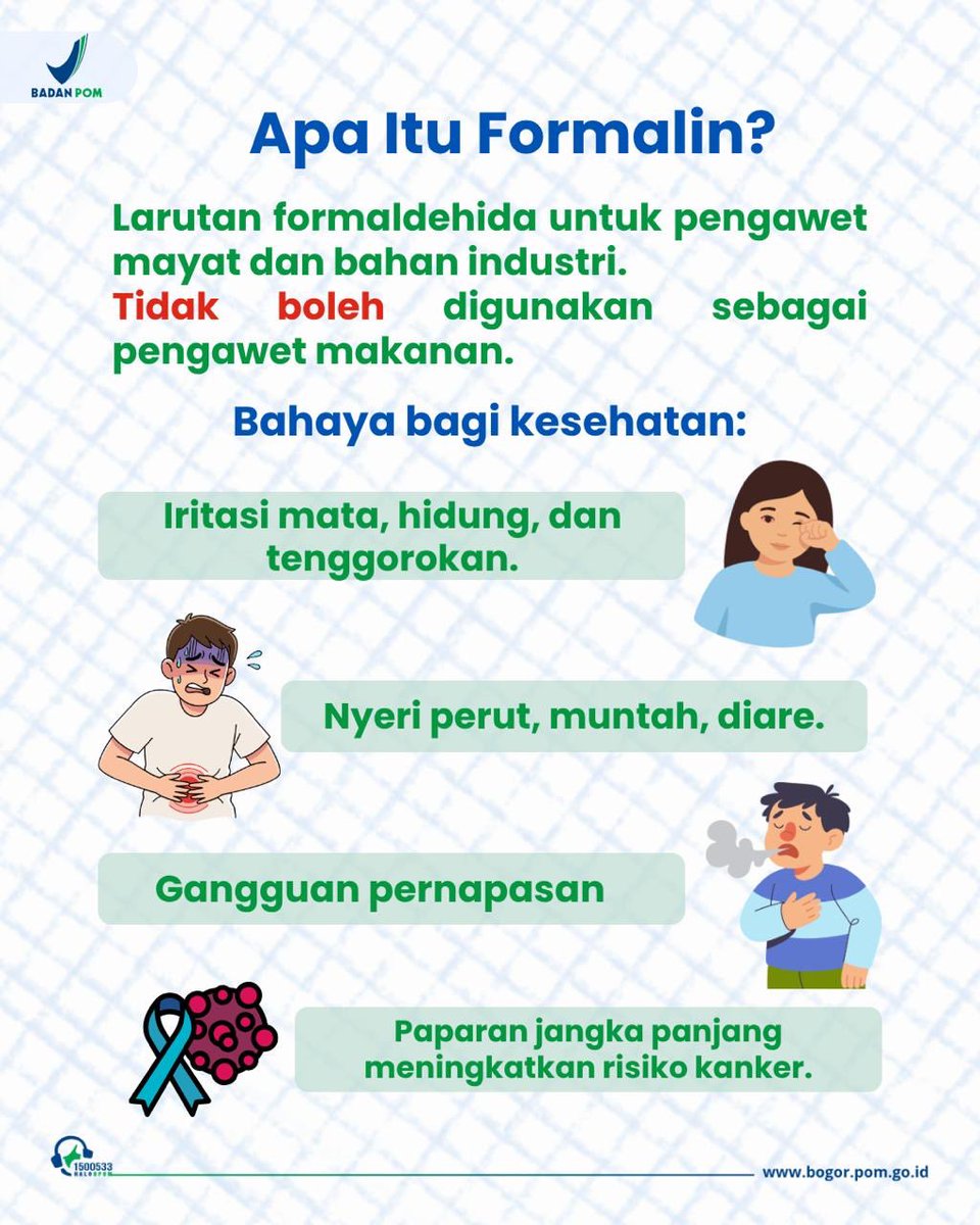 bpombogor's tweet photo. 🚨 Waspada Boraks dan Formalin pada Pangan! 🚨

Tahukah kamu? Boraks dan formalin bukan bahan yang boleh digunakan dalam pangan. Keduanya merupakan bahan kimia yang dapat membahayakan kesehatan jika dikonsumsi.

#BPOM #BPOMBogor #KeamananPangan https://t.co/fLAX7iFeSO