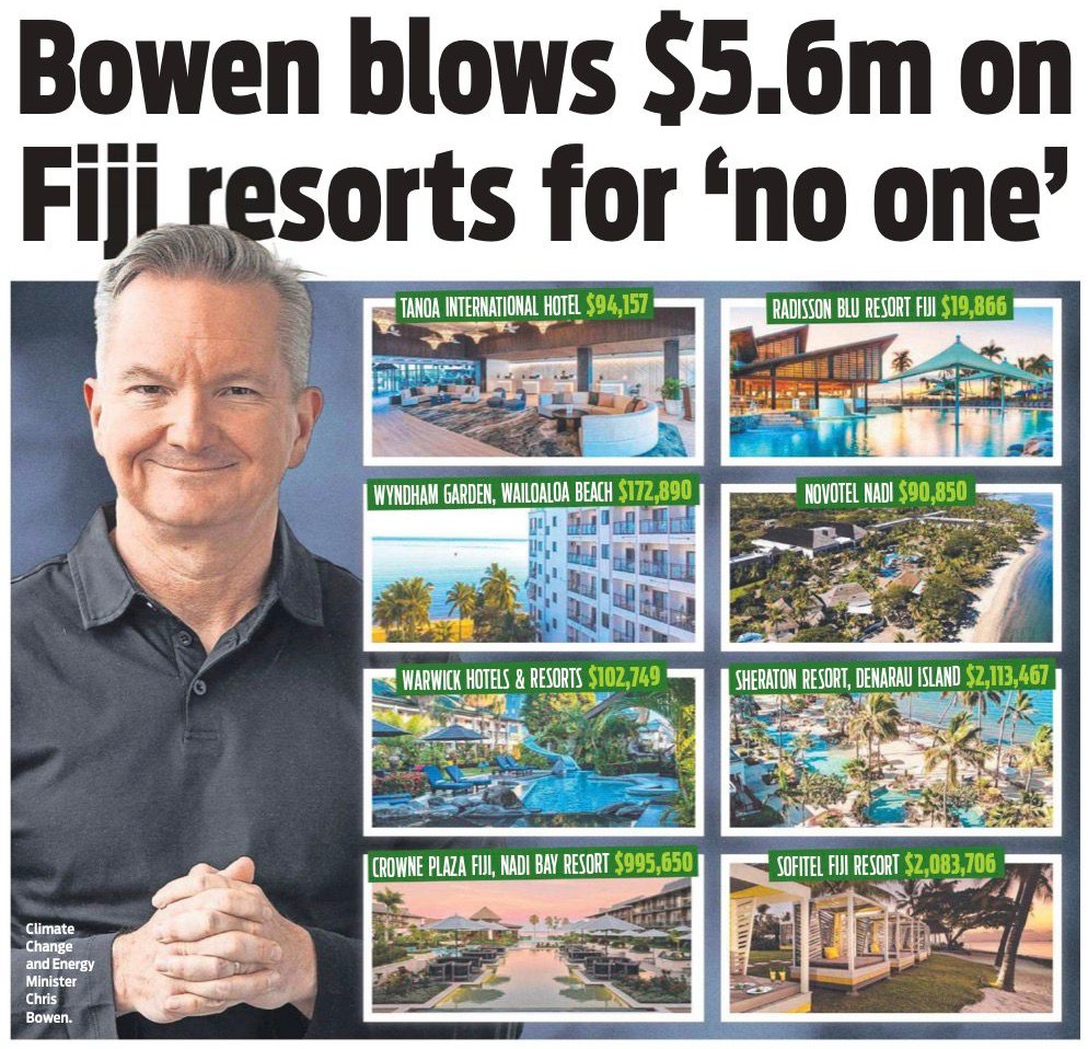 PaulineHansonOz's tweet photo. While you are struggling to pay your bills, this is what the Albanese Labor government is spending your money on on:

Climate Change Minister Chris Bowen has spent more than $6m on ritzy hotel ­accommodation around the world in just a few months, ­including two bookings of $2m each for his pre-COP31 meetings in Fiji which have been panned by critics after a series of high-profile snubs.

Meanwhile, DCCEEW records also disclosed $283,976 for Mr Bowen’s trip to Bonn, Germany, for a booking at Living Hotel Kanzler for just six days from June 7 to 12.

The Daily Telegraph revealed last month Mr Bowen slugged taxpayers more than $340,000 to travel the world to spruik his net-zero ambitions, spending an ­average of $7500 a day on travel across a grand total of 46 days abroad.