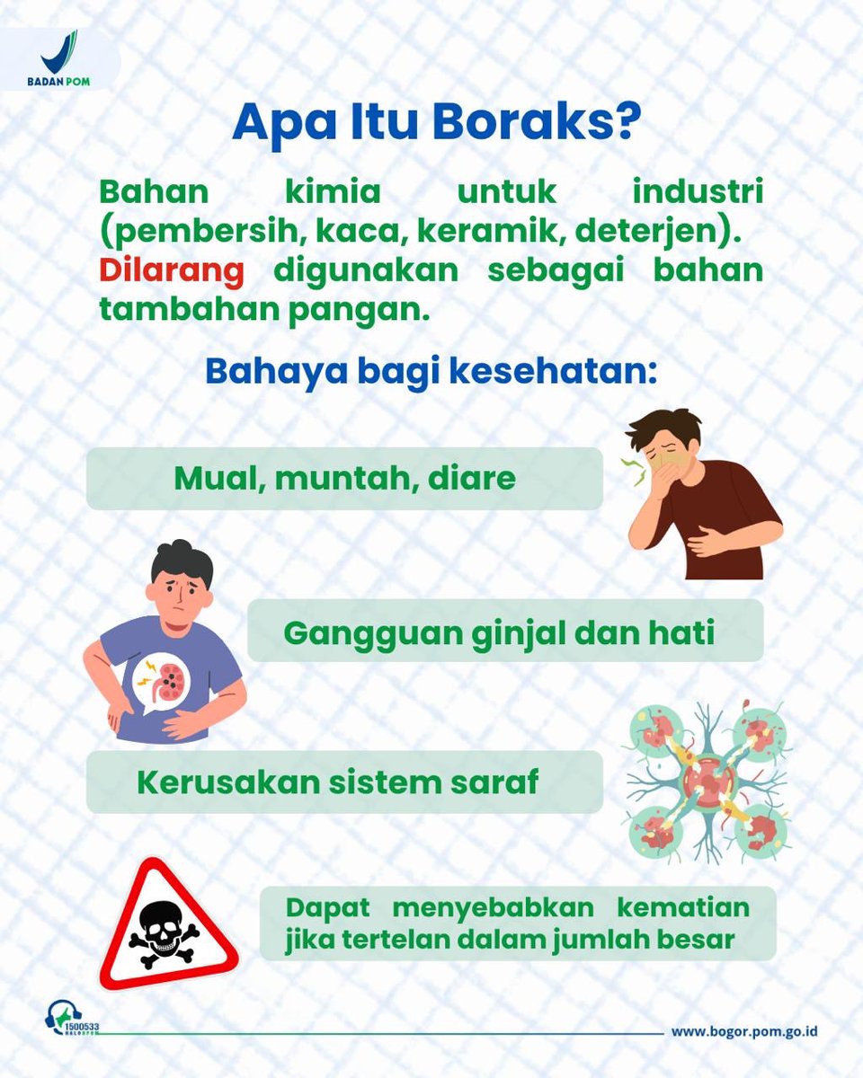 bpombogor's tweet photo. ⚠️ Boraks dapat menyebabkan gangguan pada saluran pencernaan, hati, ginjal, hingga sistem saraf.

⚠️ Formalin dapat mengiritasi mata, kulit, saluran pernapasan, serta berisiko menimbulkan gangguan kesehatan serius jika dikonsumsi dalam jangka panjang. https://t.co/dXKsT3wQ1L