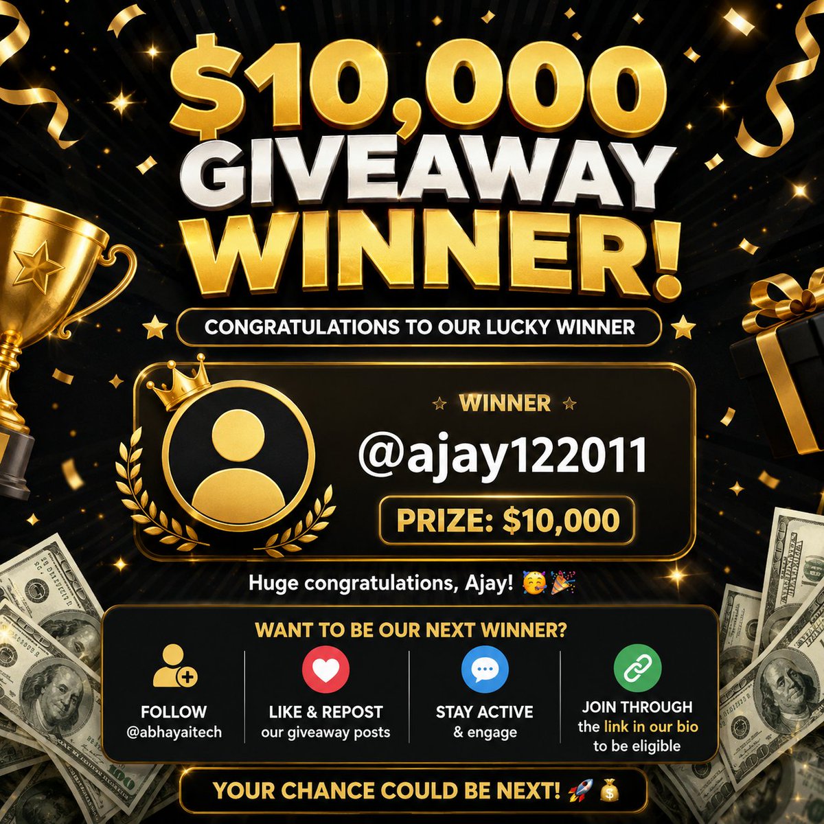 Abhayaitech's tweet photo. 🎉 $10,000 GIVEAWAY WINNER 🎉

Congratulations to our lucky winner! 🏆🔥

💰 Winner: @Ajay122011
 🎁 Prize: $10,000

Huge congratulations, Ajay! 🥳💙

Want to be our next winner? 👀

✅ Follow @abhayaitech
❤️ Like & 🔄 Repost our giveaway posts
💬 Stay active & engage
🔗 Join through the link in our bio to be eligible

Your chance could be next! 🚀💰