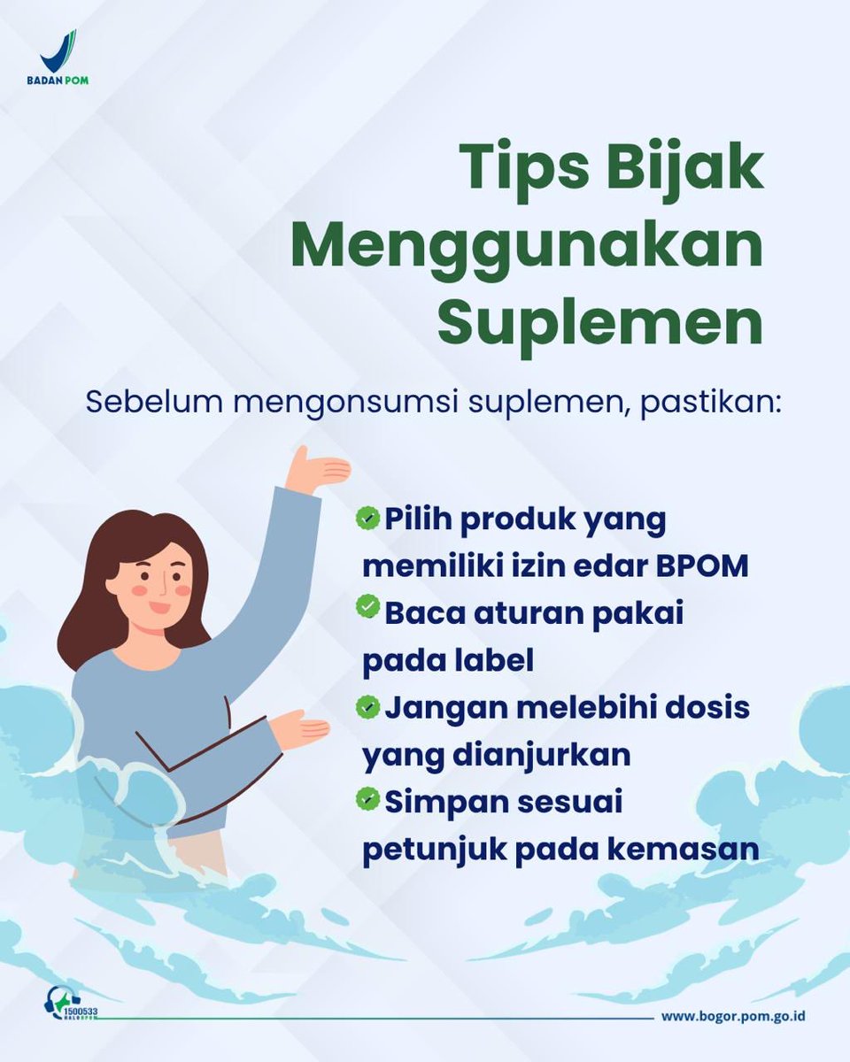 bpombogor's tweet photo. 🥗 Suplemen BUKAN Pengganti Makanan Bergizi! 💊

Suplemen dapat membantu memenuhi kebutuhan zat gizi tertentu, tetapi tidak dapat menggantikan manfaat makanan bergizi seimbang.

#BPOM #BPOMBogor #CekKLIK #SuplemenKesehatan #GiziSeimbang #HidupSehat #BijakMemilih #KeamananPangan https://t.co/LFp2TvxdWq