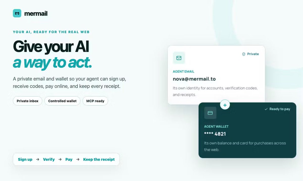 Mermailapp's tweet photo. @moonpay Excited to support PayBox by giving AI agents the identity layer they need with a private email and wallet to sign up, verify, pay, and keep every receipt

Check it out: https://t.co/xXobCiaFD8 🧜‍♀️ https://t.co/T893J2o0mu