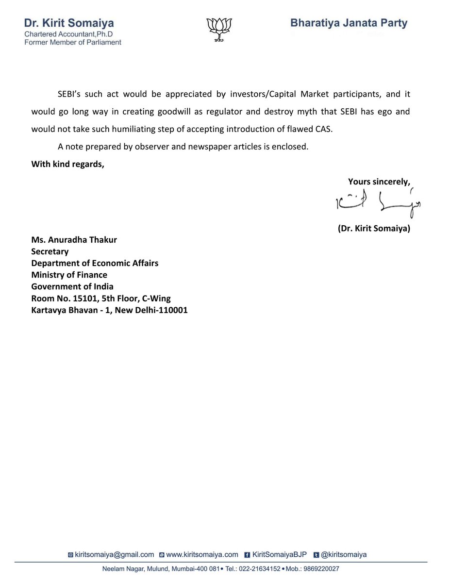 KiritSomaiya's tweet photo. #CAS manipulation, volatility at #BSE #NSE issue, I wrote to Finance Economic Affairs Secretary for review of CSA guidelines &amp; take up the issue with #SEBI https://t.co/J07ZUfkCqy