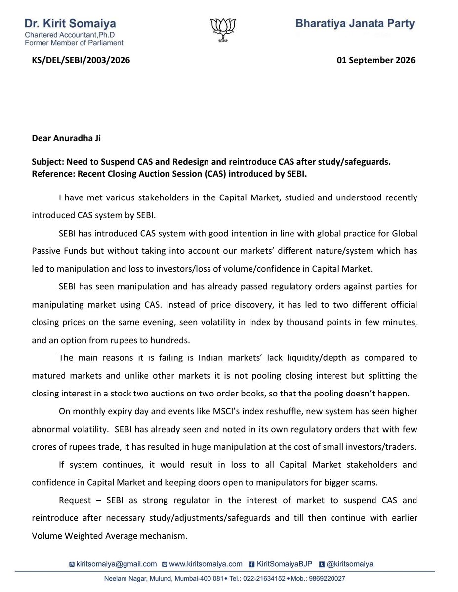 KiritSomaiya's tweet photo. #CAS manipulation, volatility at #BSE #NSE issue, I wrote to Finance Economic Affairs Secretary for review of CSA guidelines &amp; take up the issue with #SEBI https://t.co/J07ZUfkCqy