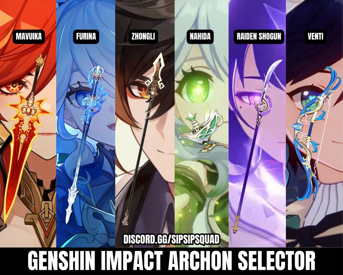 SipSipStefen's tweet photo. ⭐️GENSHIN IMPACT ARCHON SELECTOR⭐️
A ton of people are speculating that Genshin's anniversary reward might be an Archon Selector!
I thought it be fun to include their signature weapon too! 

WHO WOULD Y'ALL WOULD PICK IF THIS WAS TRUE!?
#GenshinImpact https://t.co/ttSarkRSCi