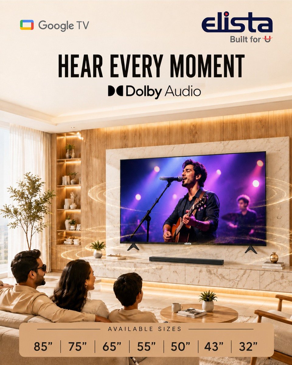 ElistaWorld's tweet photo. Turn your living room into a concert hall. 🎧📺
​With Elista Google TV featuring Dolby Audio, experience rich, immersive sound that brings every detail to life. From subtle dialogs to powerful bass—hear every moment with crystal clarity.

​#Elista #GoogleTV #DolbyAudio #SmartTV https://t.co/cqm0tiY8Ho