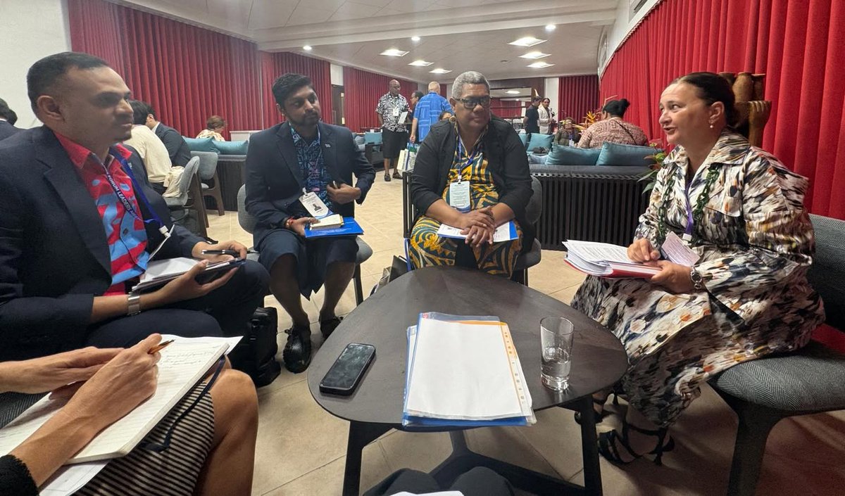 EUPasifika's tweet photo. European Commission Deputy Director-General @marjetajager met with Fiji's Permanent Secretary for Foreign Affairs, Dr Raijeli Taga and Permanent Secretary for Environment, Dr Sivendra Michael at #PIFLM55 to strengthen cooperation on climate resilience and sustainable development. https://t.co/btTqCKOTX6