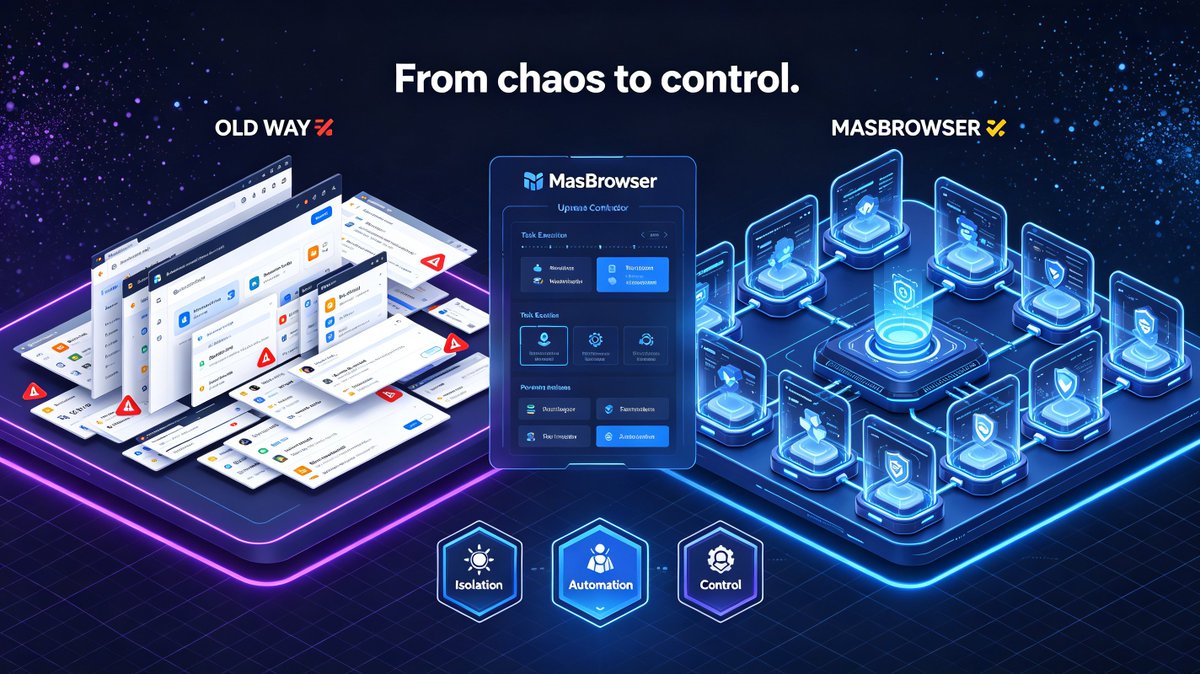 MasBrowser's tweet photo. Managing multiple accounts the old way:

❌ Shared environments
❌ Endless tabs
❌ Repetitive clicks
❌ Hard to organize
There's a better way.
Isolation + Automation + Control.
#MasBrowser https://t.co/cdlbcPC7Ca