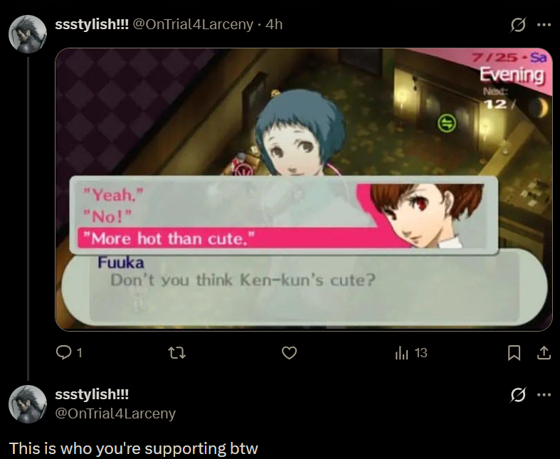 android_hells's tweet photo. usually i wont even comment on this shit bc its so overused and stupid but i just want to point out that all i did was enjoy a character i see myself in and males always have to somehow try to ruin it because how dare women be happy right. like it IS that deep idc https://t.co/3HIzISz9bD