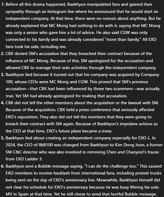 smileslikeidiot's tweet photo. For those wondering why we do not support CBX again

Reading this list makes it clear how embarrassing CBX's actions have been. They damaged the reputation EXO has built for more than a decade thru manipulation, especially from Baekhyun. We are tired of the lies from him and CBX. https://t.co/AnsWTRXWkH