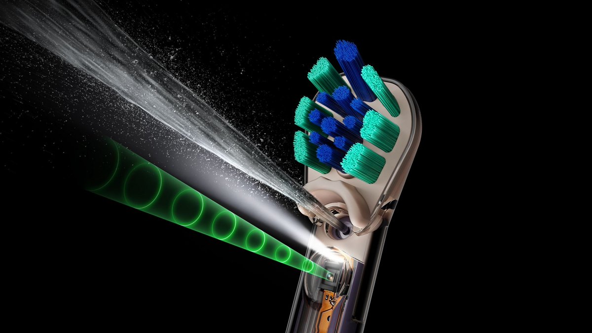 stufflistings's tweet photo. Dyson made a $500 toothbrush with a camera that finds the gaps between your teeth and flosses them automatically while you brush.

100,000-pixel macro camera analyzing 28 images per second, AI-powered gap detection, precision mouth-rinse jet, 245Hz sonic brushing, pressure and technique feedback, live camera view through the MyDyson app and up to 10 days of battery life.

The Dyson CameraJet...