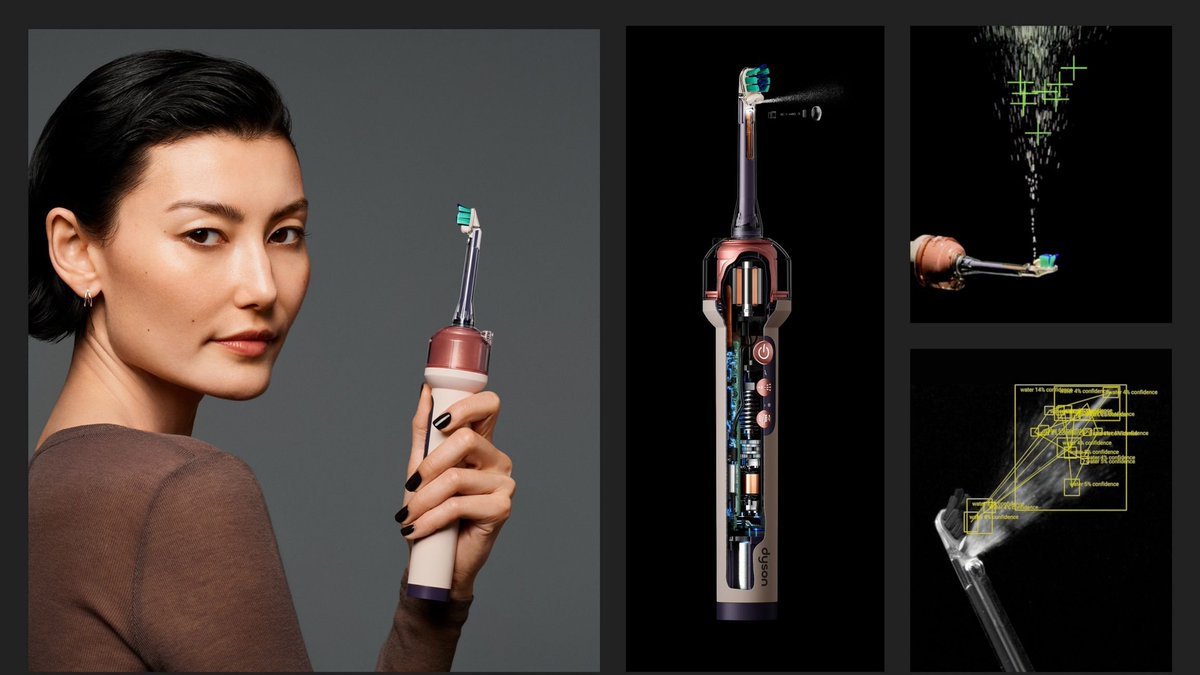 stufflistings's tweet photo. Dyson made a $500 toothbrush with a camera that finds the gaps between your teeth and flosses them automatically while you brush.

100,000-pixel macro camera analyzing 28 images per second, AI-powered gap detection, precision mouth-rinse jet, 245Hz sonic brushing, pressure and technique feedback, live camera view through the MyDyson app and up to 10 days of battery life.

The Dyson CameraJet...