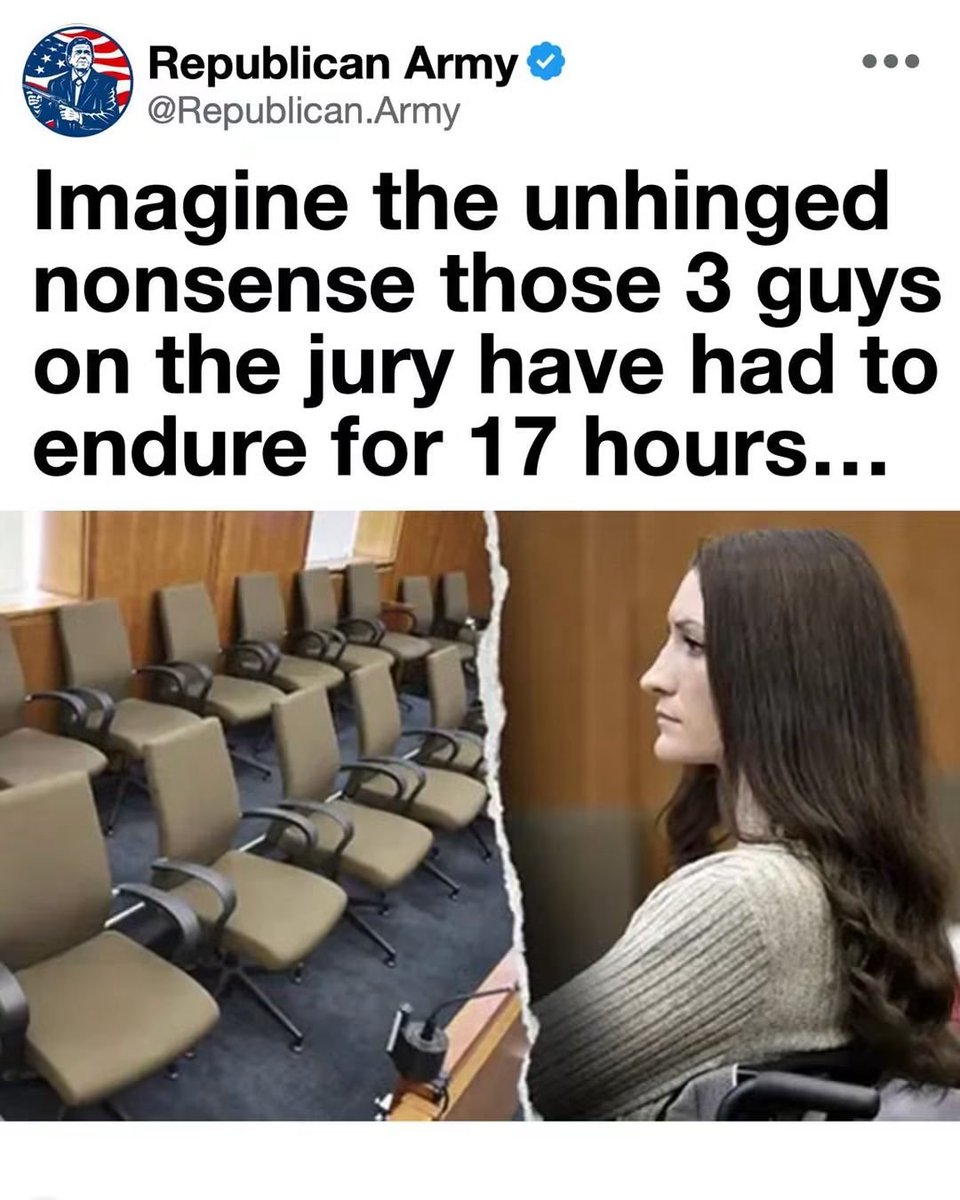 AmesStraight's tweet photo. I’m a woman, and even I feel sorry for the male jurors at this point. 😂

Seventeen hours of deliberations, a deadlock, and apparently some VERY strong opinions in that jury room.

Those three men probably walked in thinking they were reporting for jury duty and walked out feeling like they survived a season of Survivor: Courthouse Edition. 😭

I can only imagine the conversations happening behind those doors.

They probably are sitting there with their fingers in their ears looking for the nearest window to jump from.  I sure would be.    I feel their pain and I'm not even there.