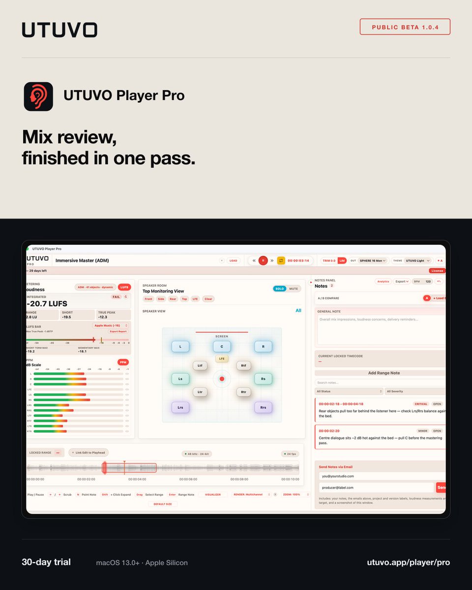 utuvoaudio's tweet photo. After a mix is done, what I dread most isn't the revision. It's revising the wrong version. UTUVO Player Pro keeps timecoded notes, severity, version comparison and reports in one stereo/immersive review workspace. Public Beta 1.0.4, 30-day trial. https://t.co/q2bkWEpnFG https://t.co/apLvK5G1Be