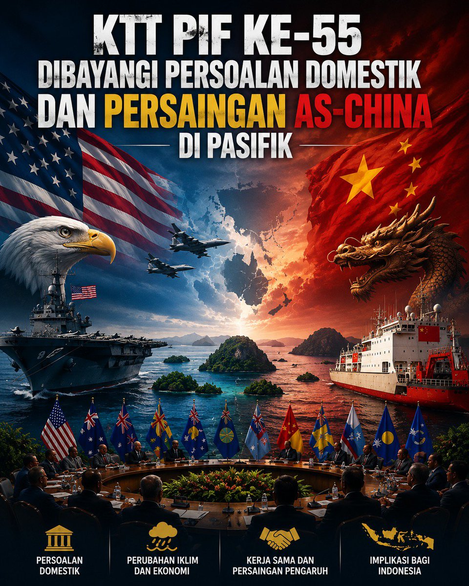 AndiConrad102's tweet photo. KTT Pacific Islands Forum ke-55 di Palau berlangsung di tengah absennya sejumlah pemimpin dan persaingan pengaruh AS-China. Negara Pasifik menghadapi tantangan iklim, ekonomi, keamanan, dan kerja sama kawasan. https://t.co/Y4ae4w5Ntq