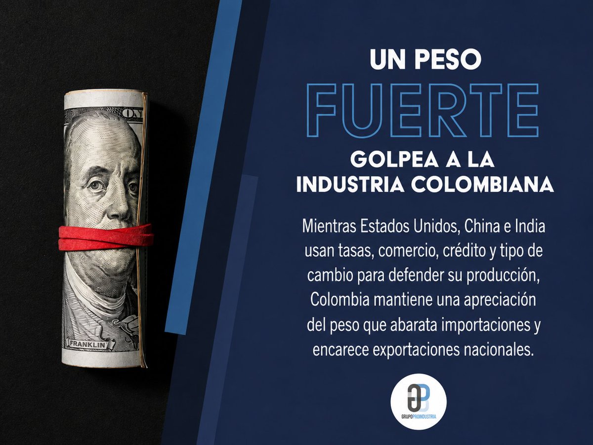 gproindustria's tweet photo. El peso apreciado abarata importaciones y encarece exportaciones industriales. Con tasas altas y capital especulativo entrando a TES y CDT, Colombia castiga su producción mientras otras potencias usan la moneda para defenderla.
Lea en @gproindustria 
https://t.co/bCO2Y6M78U https://t.co/rnsGiFFnvM