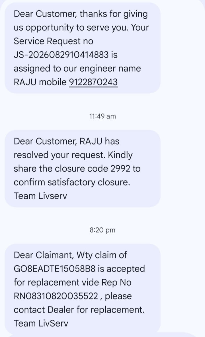 sameerstm00200's tweet photo. @LivguardEnergy My warranty replacement was approved after engineer inspection. SR: JS-2026082910414883 | Rep No. RN08310820035522. Dealer says 1–1.5 months for the same model. I’m facing major inconvenience without a battery. Please arrange replacement within 1–2 days.#Livguard https://t.co/k18CLnwk62
